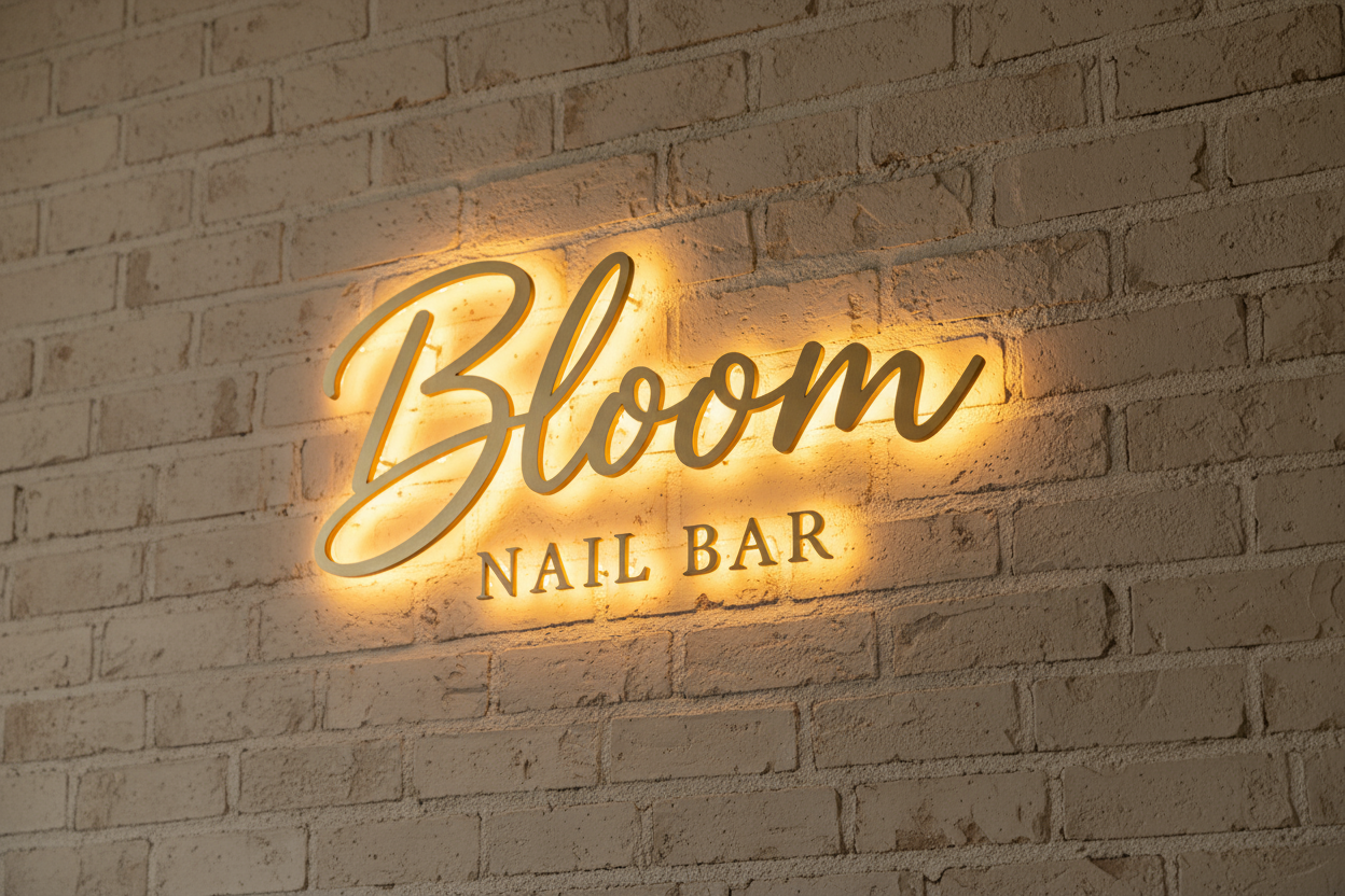 Bloom Nail Bar backlit sign with script font