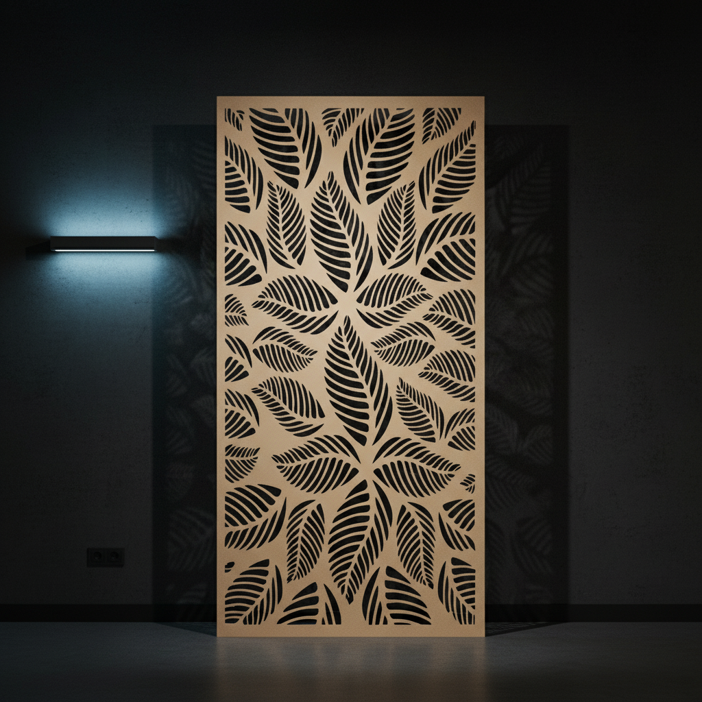 Floor-length beige tropical leaf panel with cool lighting