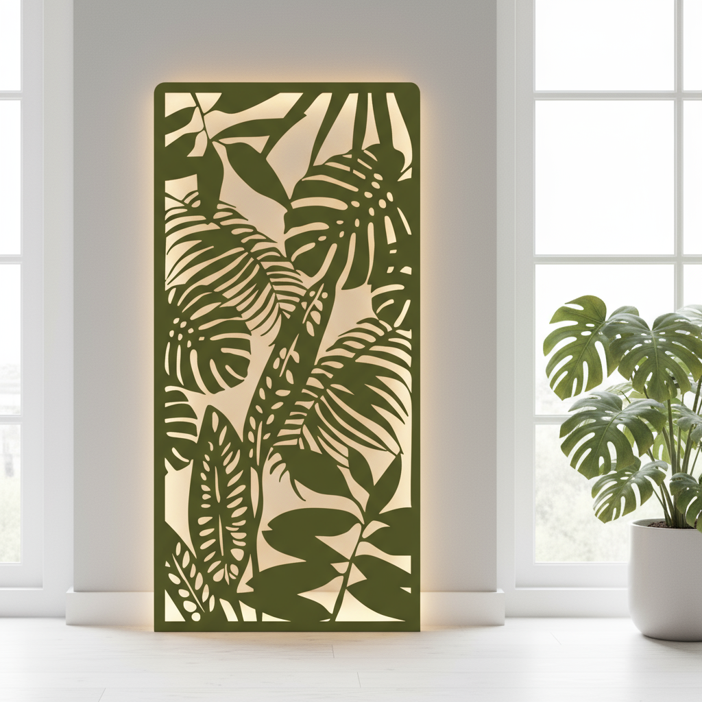 Floor-length olive green tropical panel with exact pattern and warm backlighting