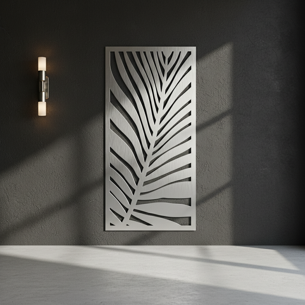 Stainless steel palm frond panel on floor with correct pattern