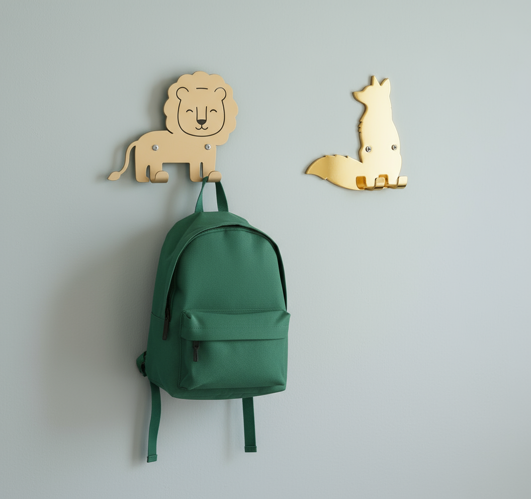 Two animal hooks with kids backpack on light wall